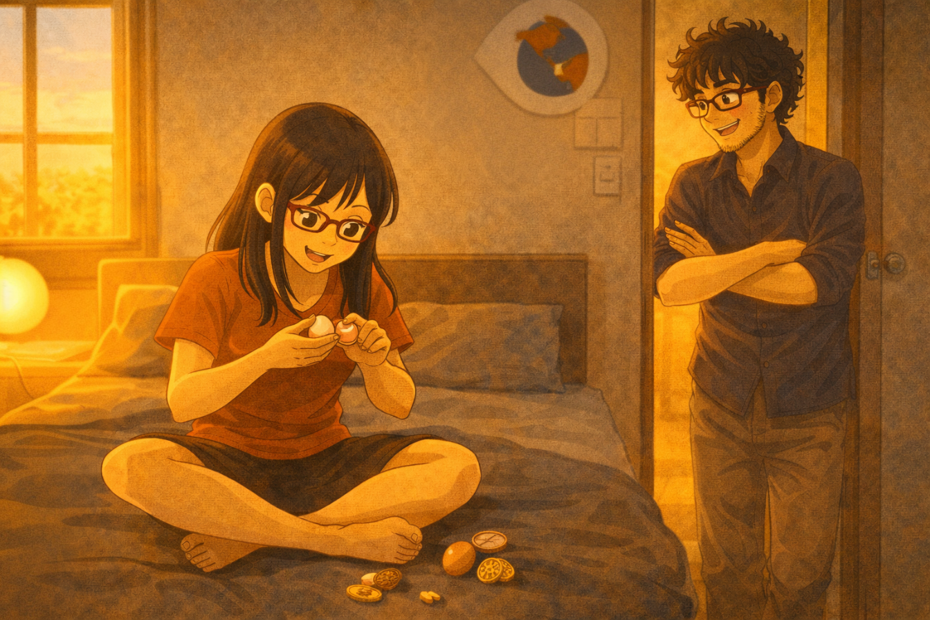 A small apartment — Mia opening a kinder egg with childlike delight, small gifts scattered around her. Faris in the doorframe, grinning proudly.